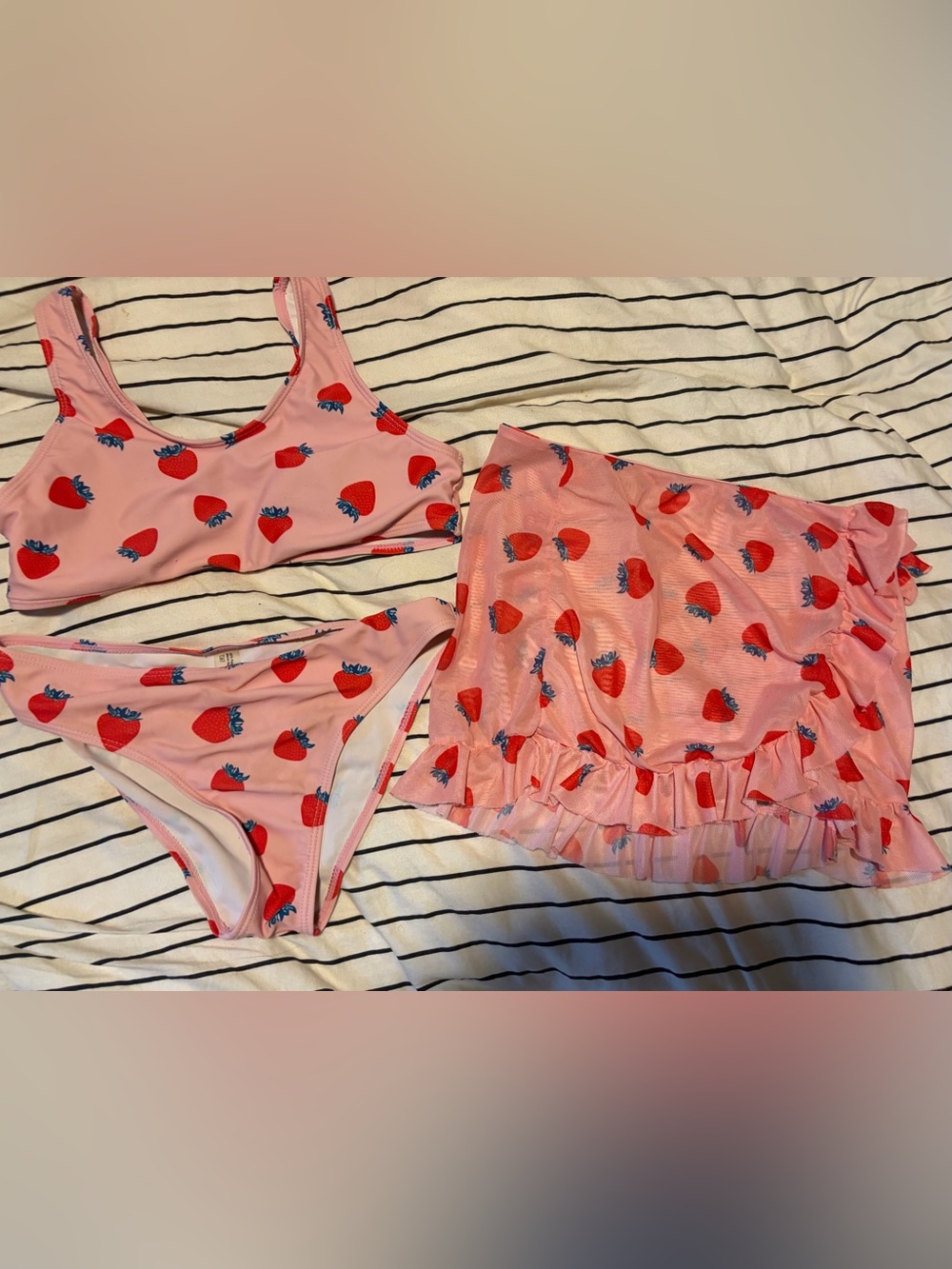 Kids Pink Strawberry Print Bikini Set with Ruffle Skirt